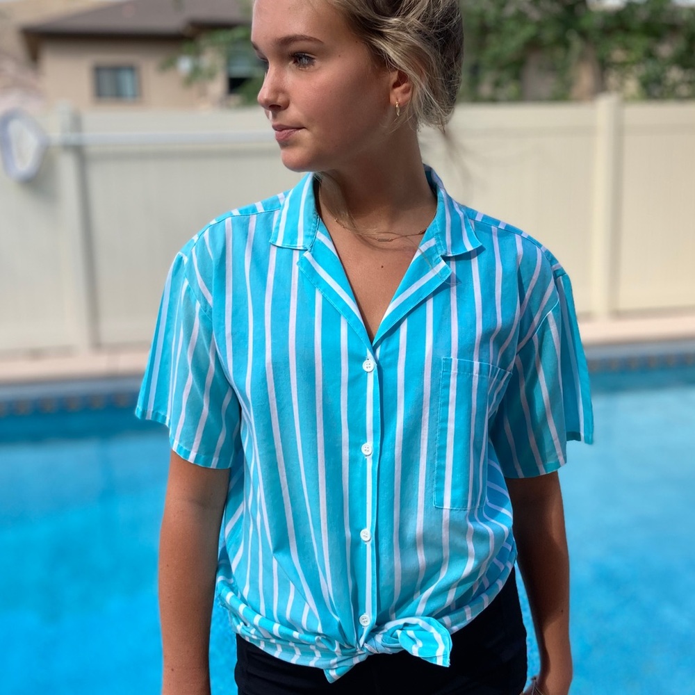 Vintage Aqua and White Striped Camp Shirt